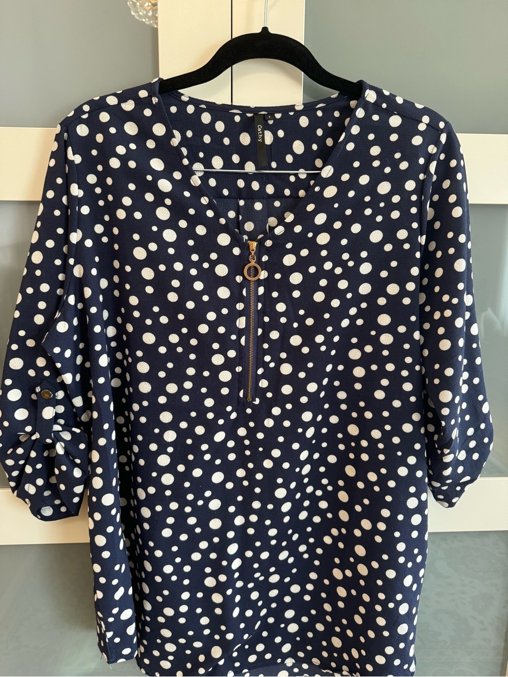 Cathy Navy White Polka Dot Zip-Front Tunic